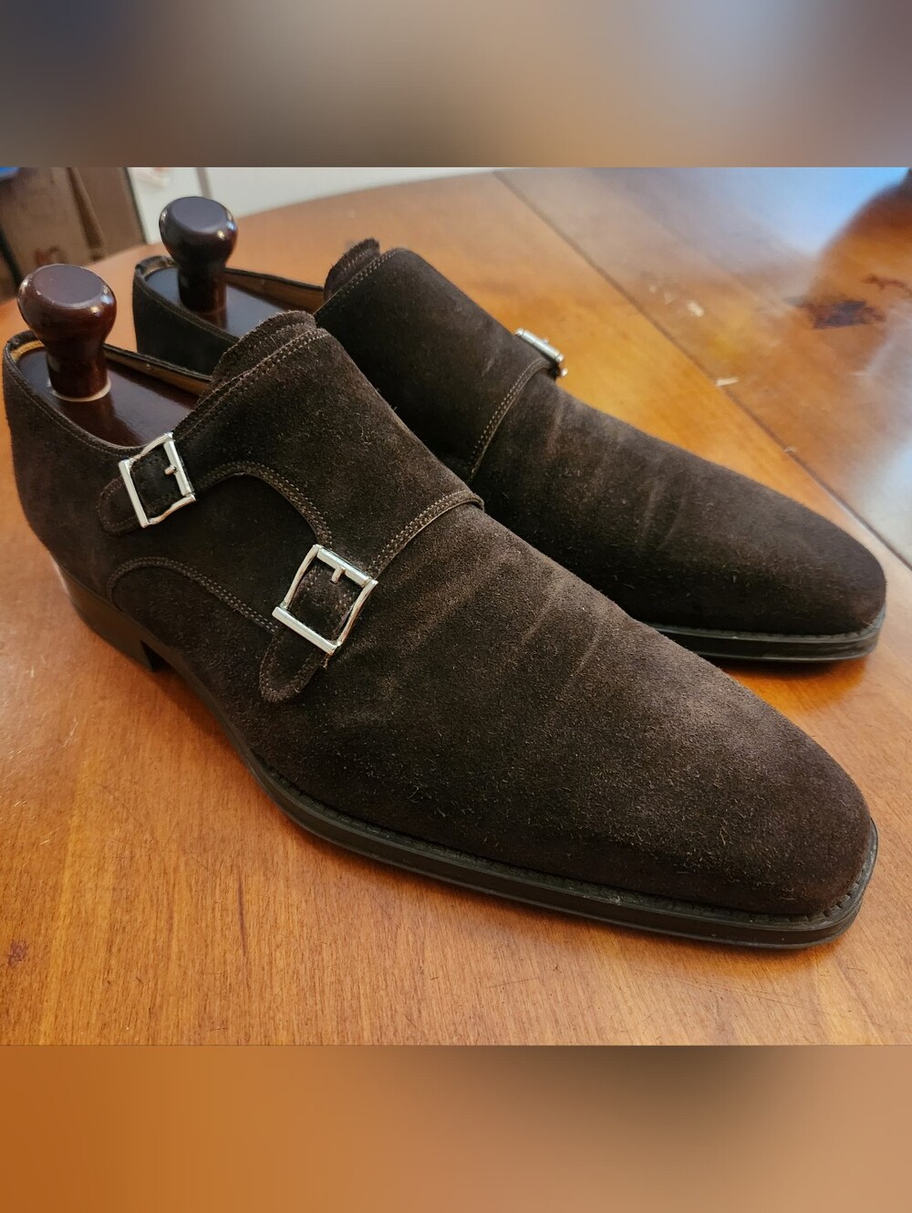 Magnanni Dark Brown Suede Double Monk Strap Shoes Size 43 / 10 US, $800 New